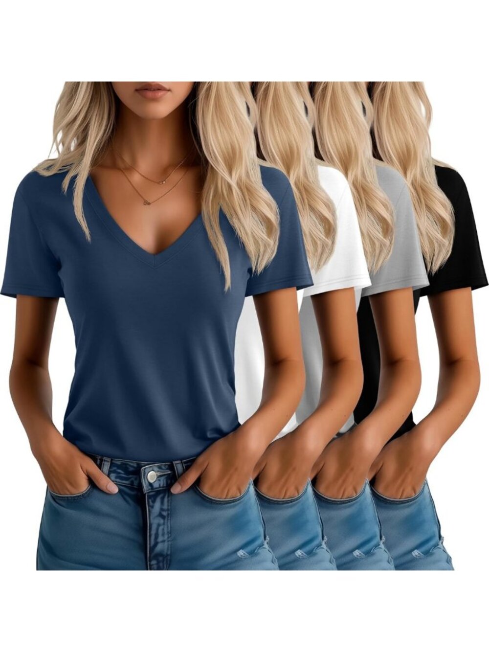 4 Pack Women's V-Neck T-Shirts - Loose Fit, Casual Style, Soft Fabric